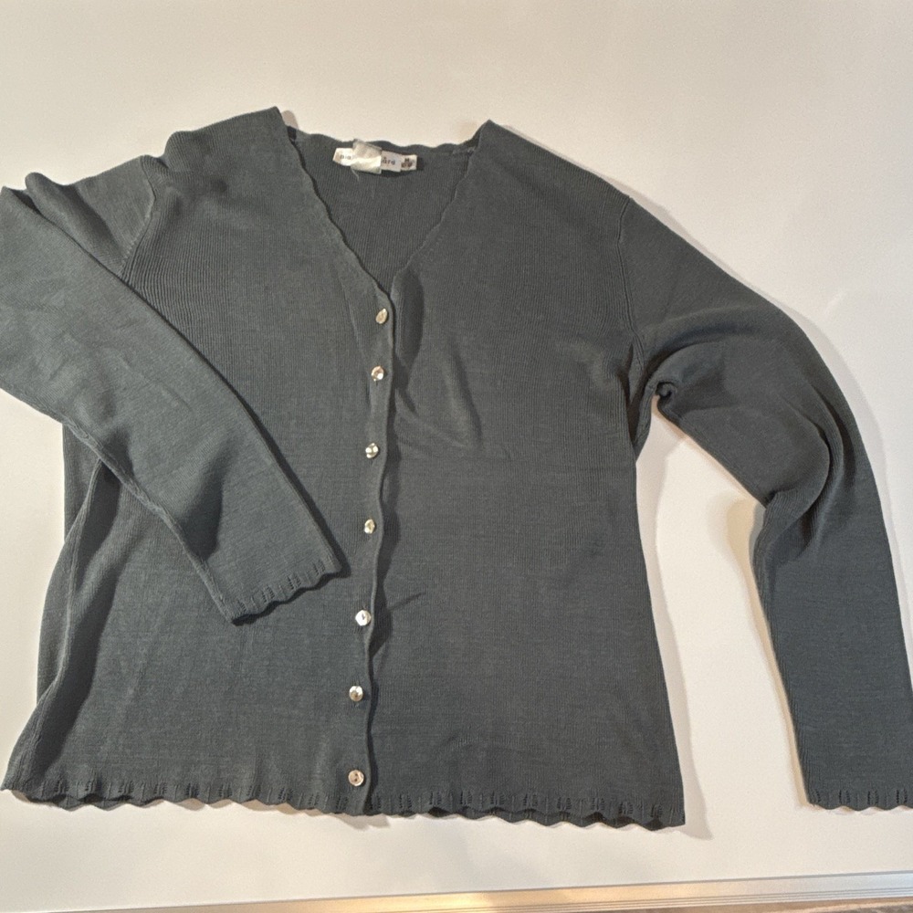 Bianca Nygard Gray Silk Cotton Lightweight Knit Button Front V-Neck Cardigan M